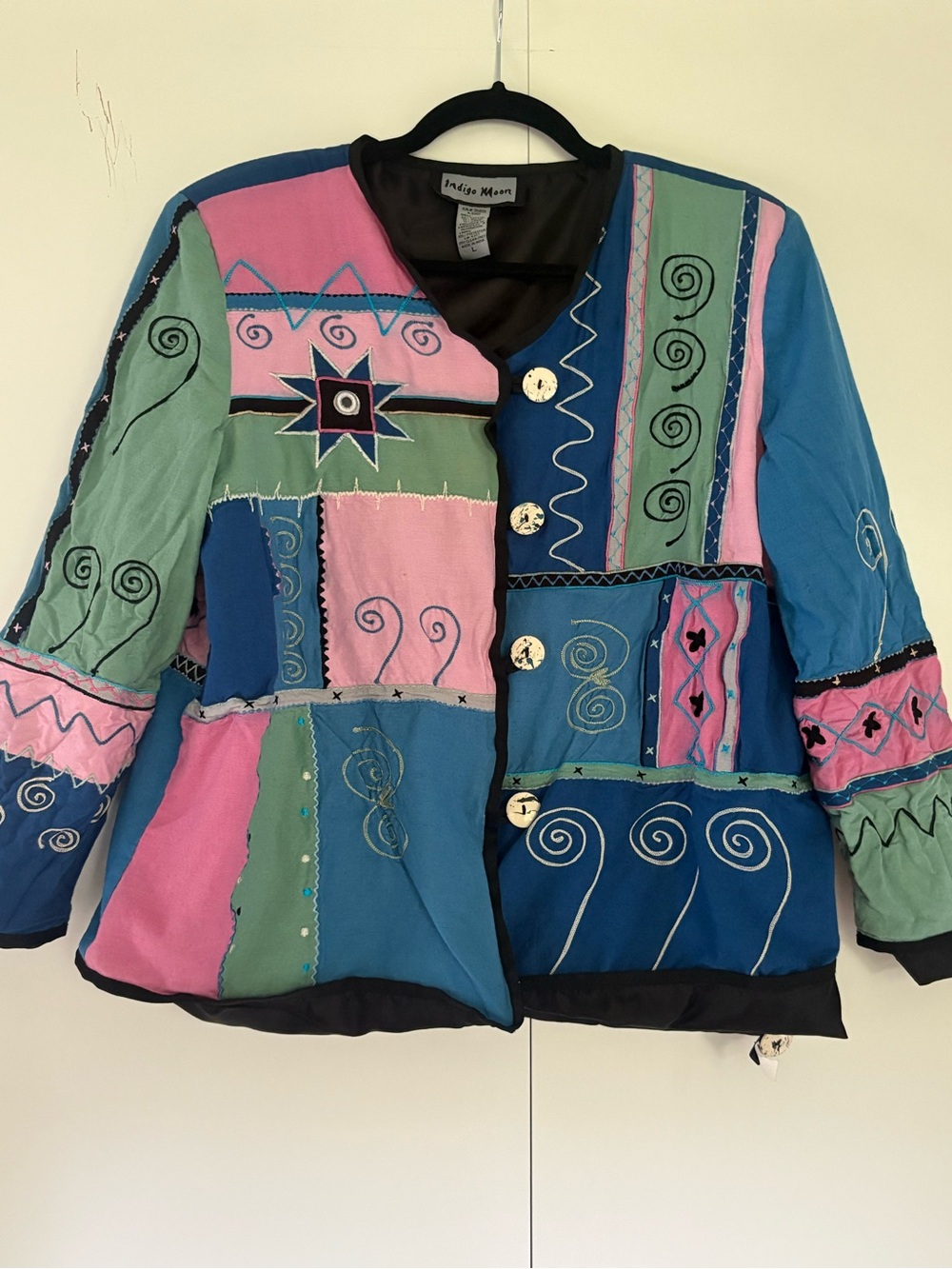 Vintage 90’s Indigo Women's Patchwork Button-Front Jacket in Teal, Pink & Blue L